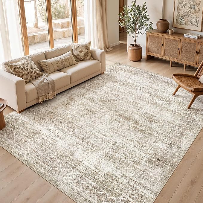 cotiled Washable Area Rugs 10x12 Living Room | Non Slip Backing, Stain Resistant, Pet Friendly, Large Neutral Soft Indoor Carpet For Bedroom, Nursery, Office, Beige/Brown