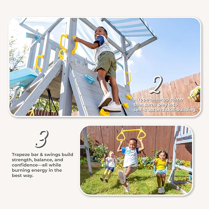 Teamson Kids Laguna Outdoor Wooden Swing Set with Slide, Rock Climbing Wall, Fireman Pole & Trapeze Bar, Gray & Aqua, Backyard Playset for Toddlers and Kids Ages 3–10