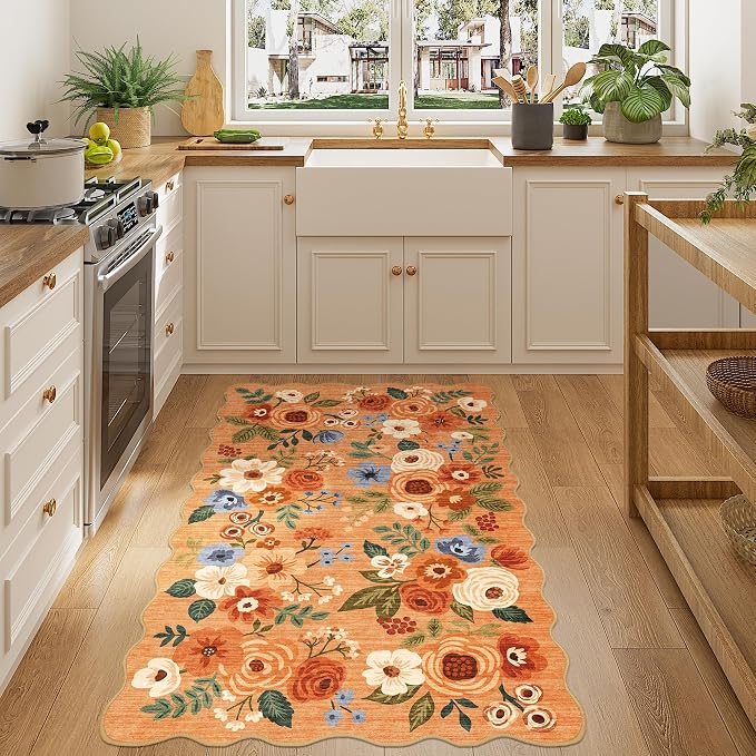 DUKINO 3x5 Area Rugs, Non Slip Floral Washable Rug for Bedroom, Orange | Soft, Low Pile, Non-Shedding Throw Rugs for Living Room, Entryway, Kitchen, Kids Room, Pet Friendly, Home Decor, Lightweight