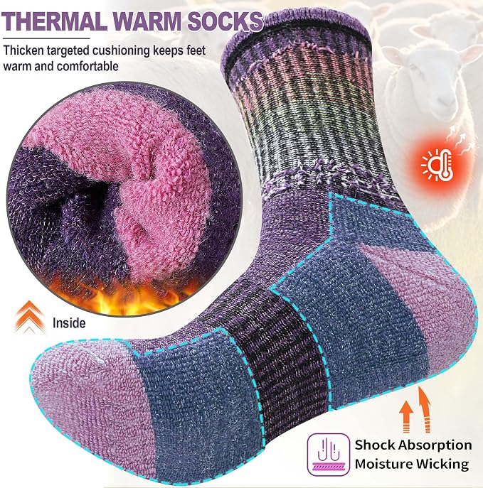 Sandsuced Merino Wool Hiking Warm Socks Thermal Winter Cozy Crew with Cushioned Sole & Moisture Wicking 5 Pairs for Women