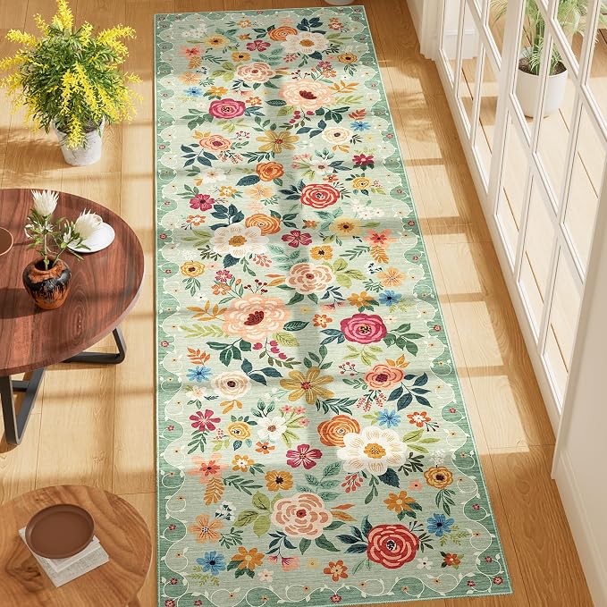 DUKINO 2x7 Runner Rug for Hallway, Washable Runner Rug Non Slip, Green | Low Pile, Soft Indoor Carpet Runner for Kitchen, Bedroom, Bathroom, Entryway, Laundry, Pet Friendly, Home Decor, Lightweight