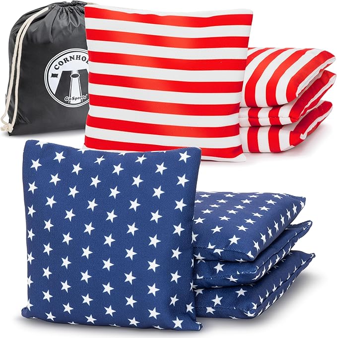 GoSports Official Regulation Cornhole Bean Bags Set of 8 – for Fun Casual Cornhole Games - All Weather - American Stars and Stripes or Red and Blue