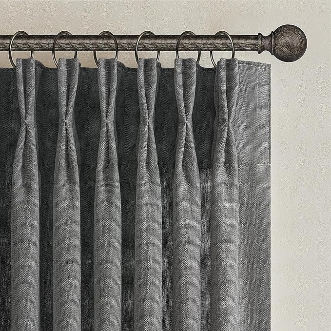 Dark Grey Pleat Semi Sheer Curtains 96 Inches Long for Bedroom, Memory Trained Pinch Pleated Linen Textured Light Filtering Modern Curtain 96 Inch Length 2 Panels Set Viral Window Drapes 8FT Length