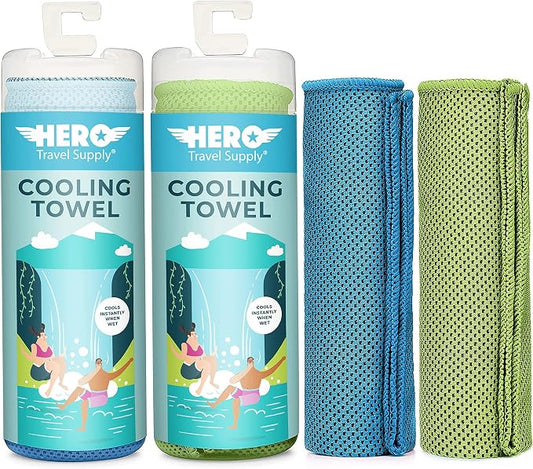 Hero Cooling Towel for Travel, Hiking, Sports, Yoga (2-Pack) Ultra Soft Microfiber 40" x 12" (Blue/Green)