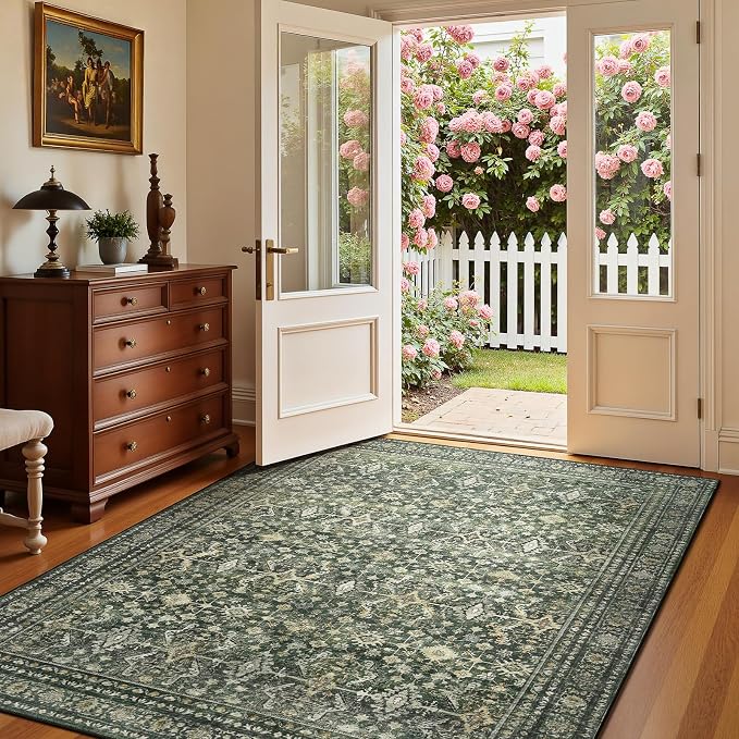 3x5 Area Rugs for Entryway, Green Washable Non-Slip Area Rug for Kitchen | Low Pile Soft Small Rugs, Vintage-Style Carpet for Bathroom Bedroom Tool Room, Stain Resistant Foldable Distressed Rug