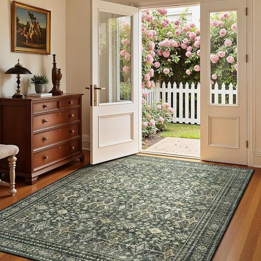 4x6 Area Rugs for Entryway, Green Washable Non-Slip Area Rug for Kitchen | Low Pile Soft Small Rugs, Vintage-Style Carpet for Bathroom Bedroom Tool Room, Stain Resistant Foldable Distressed Rug