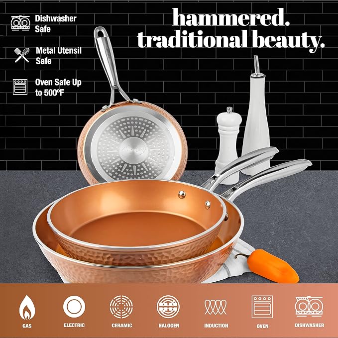 Gotham Steel Hammered Frying Pan Set, 3 Piece Nonstick Copper Fry Pans, 8”, 10” & 12” Skillet, Omelet Pan, Cookware, PFOA Free, Dishwasher Safe, Cool Touch Handle | 8, 10, 12" Fry Pans, Non Toxic PFOA/PFOS/PTFE Free, Induction Compatible, Oven and Dish...