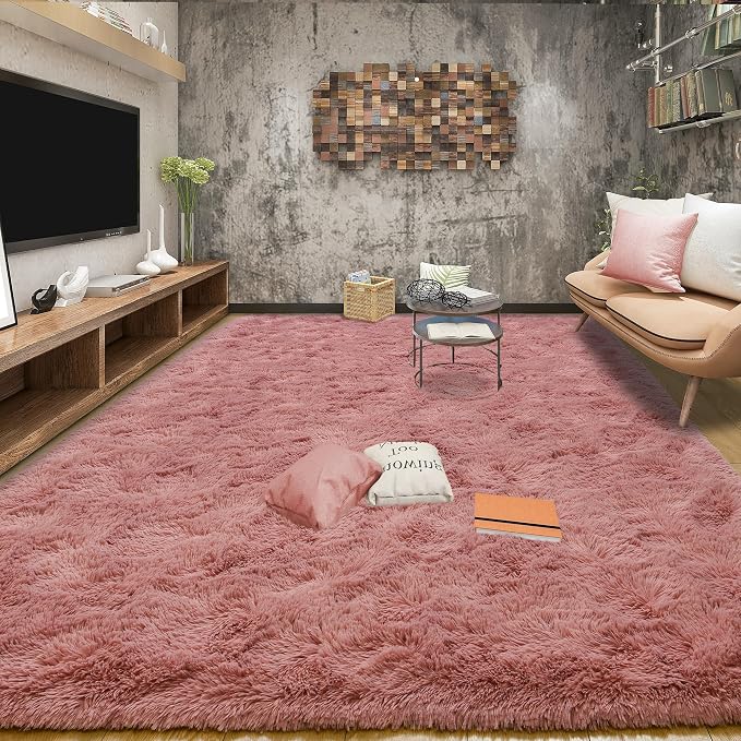 Tepook Blush Pink Area Rugs for Living Room Girls Bedroom, 8x10 Fluffy Shaggy Dusty Pink Rug for Kids Room Playroom, Plush Shag Non-Slip Carpet for Nursery Dorm Classroom, Cute Rose Beige Rug