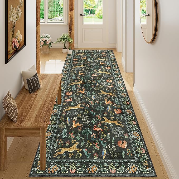 DUKINO 3x8 Runner Rug, Animal Washable Runner Rug for Kitchen, Black | Non Slip, Low Pile, Soft Indoor Carpet Runner for Hallway, Entryway, Bedroom, Bathroom, Laundry, Pet Friendly, Non-Shedding