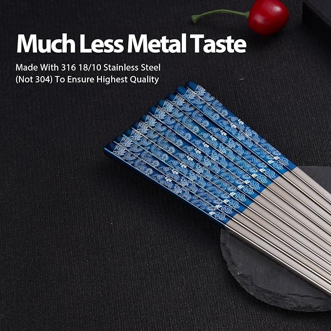 Hagary Dragon Chopsticks Metal Reusable Designed In Korea Japanese Style Stainless Steel 316 18/10 Non-Slip Dishwasher Safe Laser Etched (Blue - 5 Pairs)