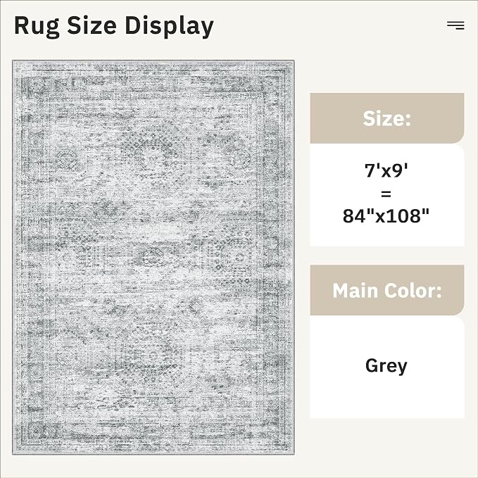 Soalmost 7x9 Area Rug for Living Room Washable Rugs Non-Slip Grey | Low-Pile Vintage Carpet for Dining Bedroom, Foldable Thin Stain Resistant Floor Mat Under Table Home Office Nursery Decor