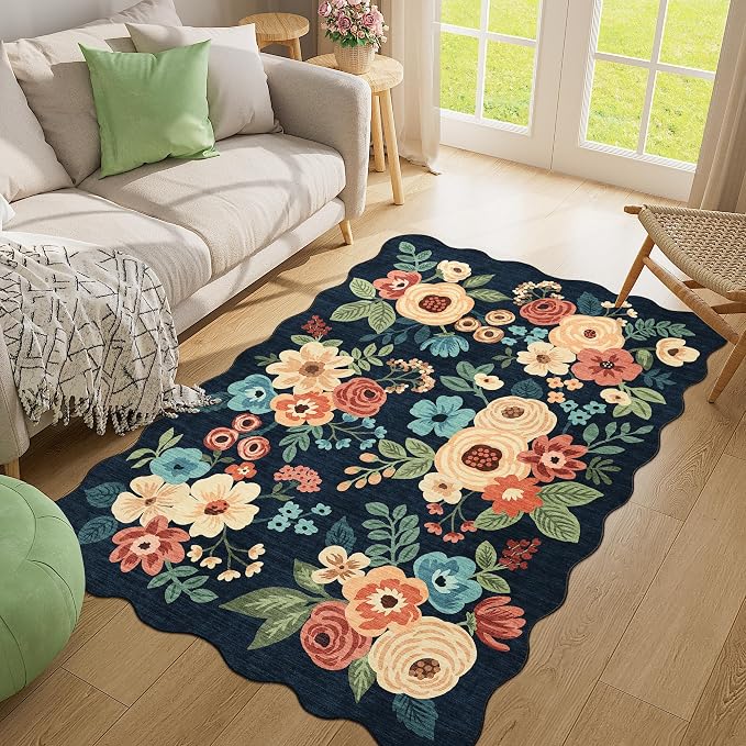 DUKINO 4x6 Area Rug, Non Slip Floral Washable Living Room Rug, Navy Blue | Low Pile, Stain Resistant, Soft Throw Rugs for Bedroom, Office, Dining Room, Nursery, Pet Friendly, Home Decor, Lightweight