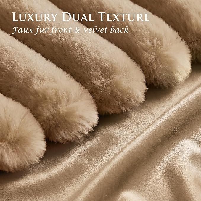 Pack of 2 Throw Pillow Covers 20x20 Decorative Solid Plush Faux Fur with Soft Velvet Back, Square Striped Cushion Cases Modern Farmhouse Home Decor for Living Room Couch Sofa Bed Khaki