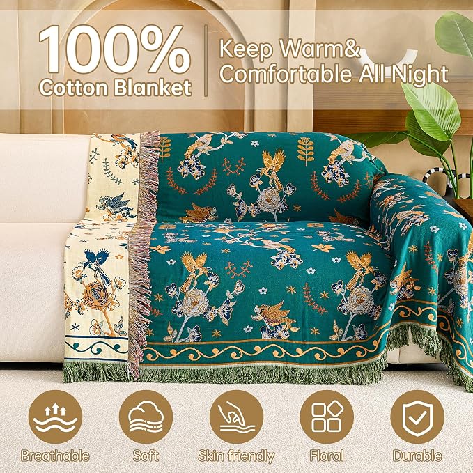 VANJOROY Boho 100% Cotton Large Throw Blanket - All Season Rustic Ultra Soft Breathable Floral Bird Blanket for Bed Sofa Couch Chair Bedspread Quilt Gift, 80" x 90"-Teal/Beige