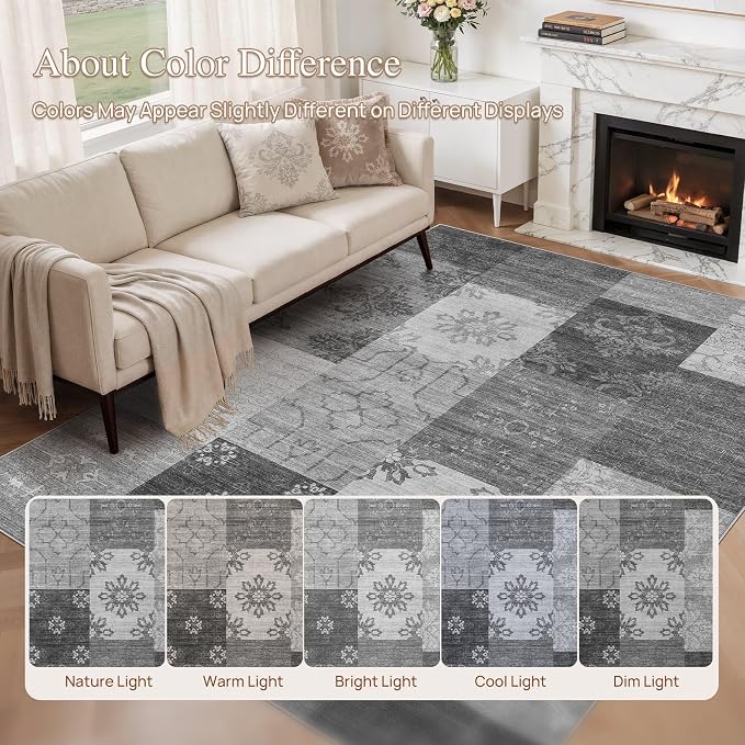 UERMEI 9x12 Area Rug for Living Room - Washable Vintage Carpet, Non-Slip Soft Large Indoor Floor Rugs for Bedroom Home Office & Under Dining Table Decor, Gray Block