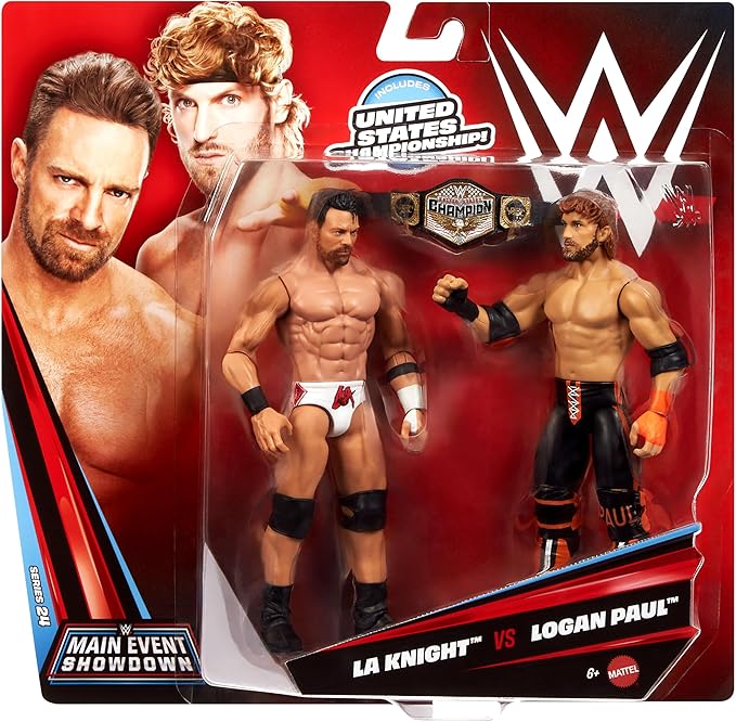 Mattel WWE Main Event Showdown Action Figures 2-Pack with Accessory, Series #24 LA Knight vs Logan Paul Collectible Set, 6-inch
