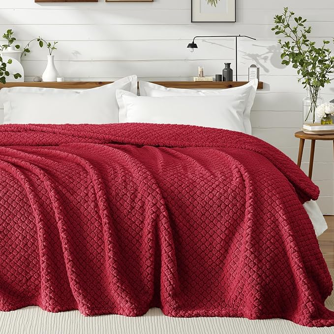 Exclusivo Mezcla Soft Fleece King Size Blanket for Bed, Deep Red | Jacquard Lightweight Cozy Bed Blanket, Breathable Decorative Fuzzy Textured All Season Use, 90x104 Inches