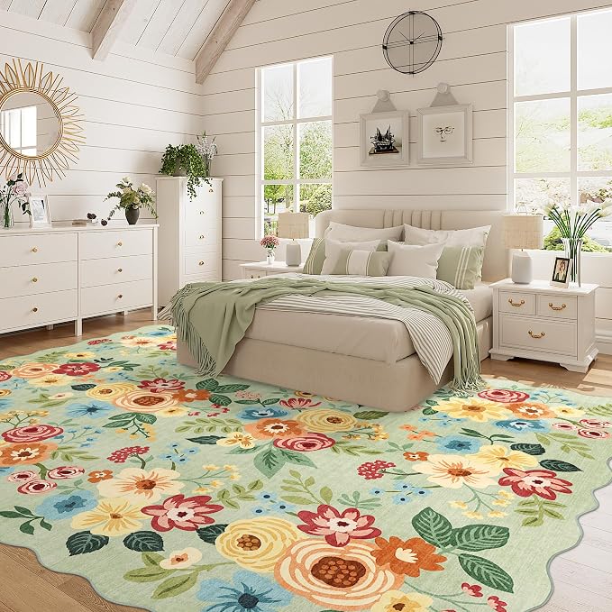 DUKINO 8x10 Area Rug for Living Room, Floral Washable Rug Non Slip, Green | Soft, Low Pile, Stain Resistant Throw Large Rug for Bedroom, Dining Room, Nursery, Kids Playroom, Pet Friendly, Home Decor