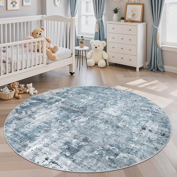 Soalmost Abstract 5x5 Round Rug 5ft Circle Living Room Rugs, Blue/Grey | Washable Vintage Indoor Carpet for Dining Bedroom, Low Pile Stain Resistant Foldable Floor Mat Entryway Home Office Decor