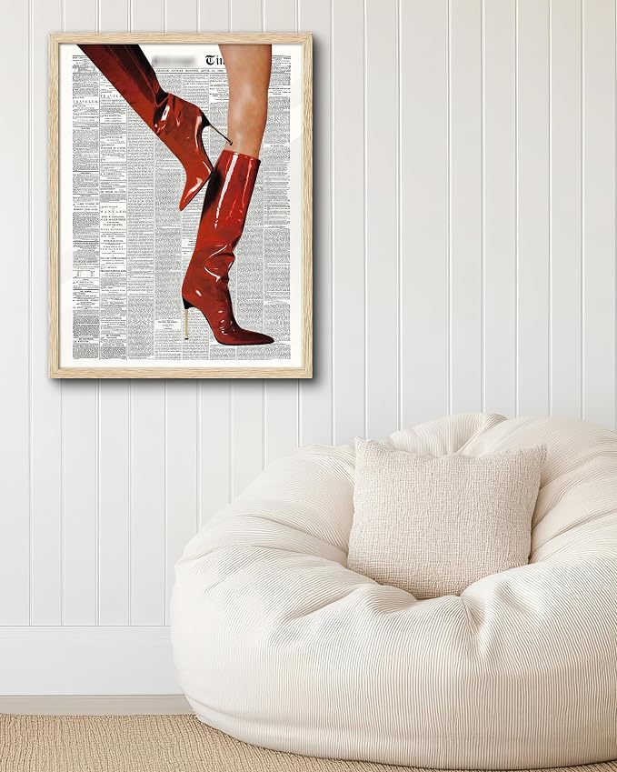 EcoHest 16x20 in Red Boots Newspaper Framed Wall Art | Solid Oak Wood Frame with Canvas Wall Art, Fashion Magazine Wall Decor for Bedroom, Apartment, Dorm Room, College Room, 1Pack