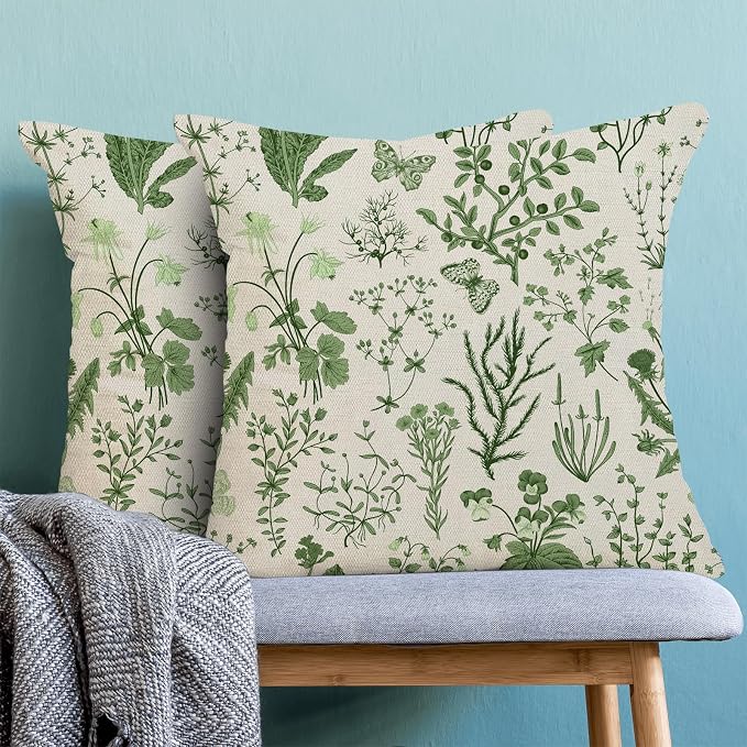 AEIOAE Summer Pillow Covers 22x22 Inch Set of 2,Olive Green Wild Flower Plant Throw Pillows Case,Seasonal Floral Outdoor Decorative Square Linen Farmhouse Decor Cushion Covers for Home Sofa Bed Couch