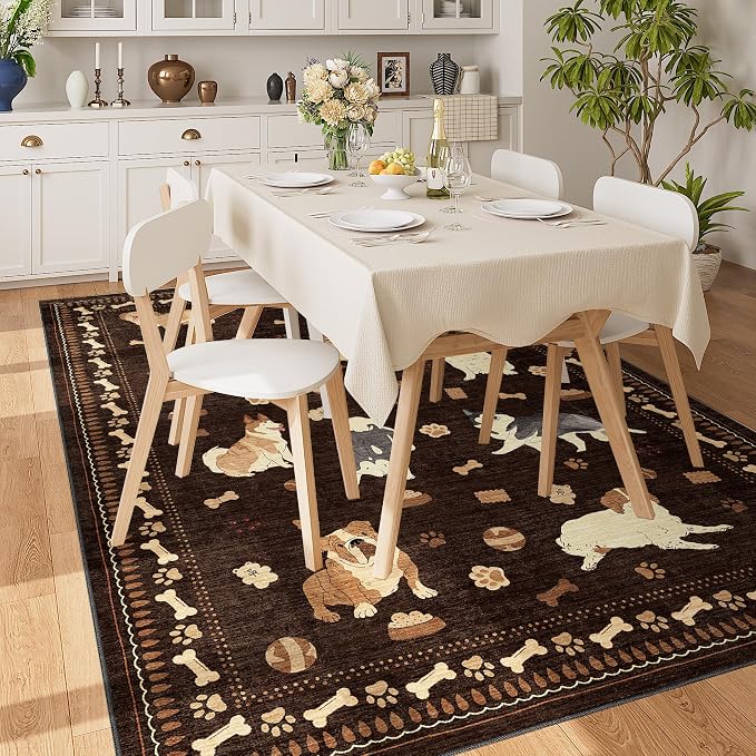 DUKINO 5x7 Area Rugs, Washable Dog Rug for Kids Room Non Slip, Brown | Low Pile, Stain Resistant, Soft Animal Carpet for Living Room Bedroom Dining Room Farmhouse, Kid & Pet Friendly, Non Shedding