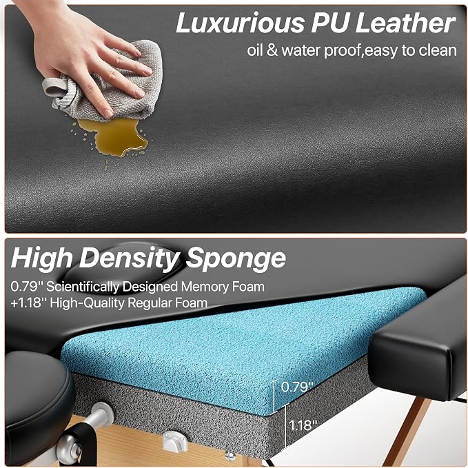 KCC Memory Foam Massage Table Premium Portable Foldable Massage Bed Height Adjustable, 84 Inches Long 28 Inchs Wide Home Salon Spa Bed Tattoo Table with Accessories &Carrying Case, Easy Set Up