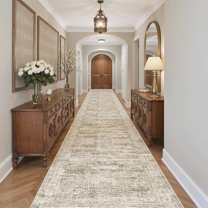 Soalmost Washable 3x18 Hallway Runner Rug Non-Slip Kitchen Entry Rugs Brown | Vintage Extra Long Runners 18ft for Bathroom Entryway, Foldable Low-Pile Wide Floor Carpet for Corridor Living Room Bedroom