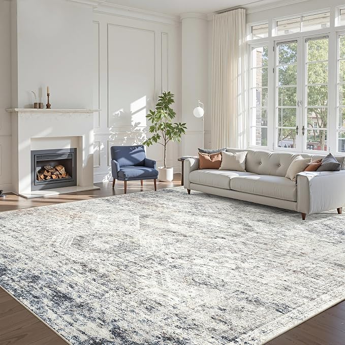 Soalmost 10x14 Area Rugs for Living Room Washable Rug Non-Slip Blue/Ivory | Large Vintage Stain Resistant Carpet for Dining Bedroom, Low Pile Lightweight Foldable Floor Mat Nursery Home Office Decor