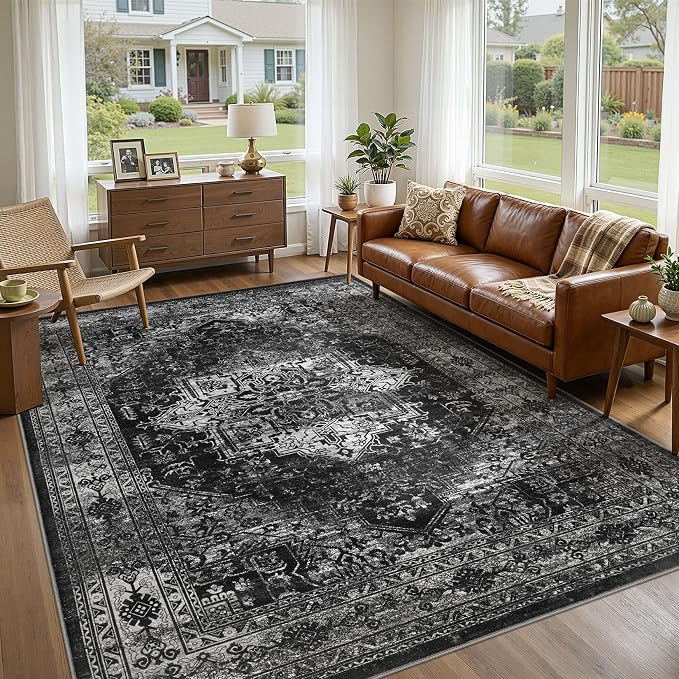 UERMEI 10x12 Area Rug Living Room Rugs - Washable Vintage Soft Large Rug Indoor Floor No Slip Rug Carpet for Bedroom Farmhouse Under Dining Table Home Office Decor - Black