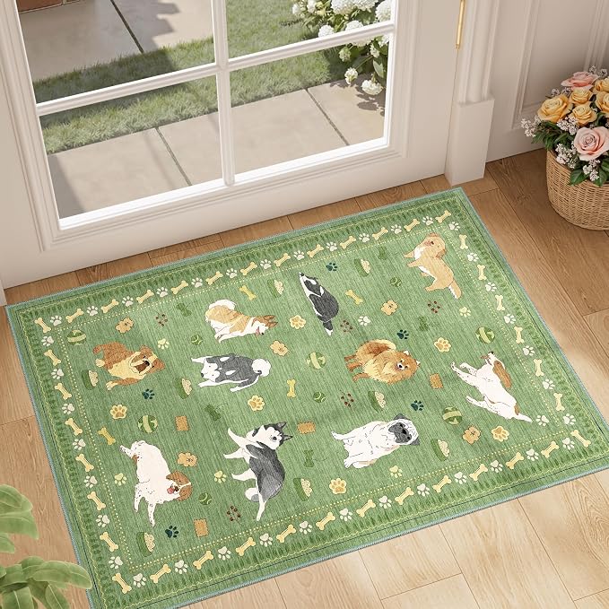 DUKINO 2x3 Bathroom Rugs, Washable Dog Kitchen Rug Non Slip, Green | Low Pile, Stain Resistant Soft Indoor Door Mat, Small Front Door Animal Throw Carpet for Entryway Bedroom Farmhouse Kids Room