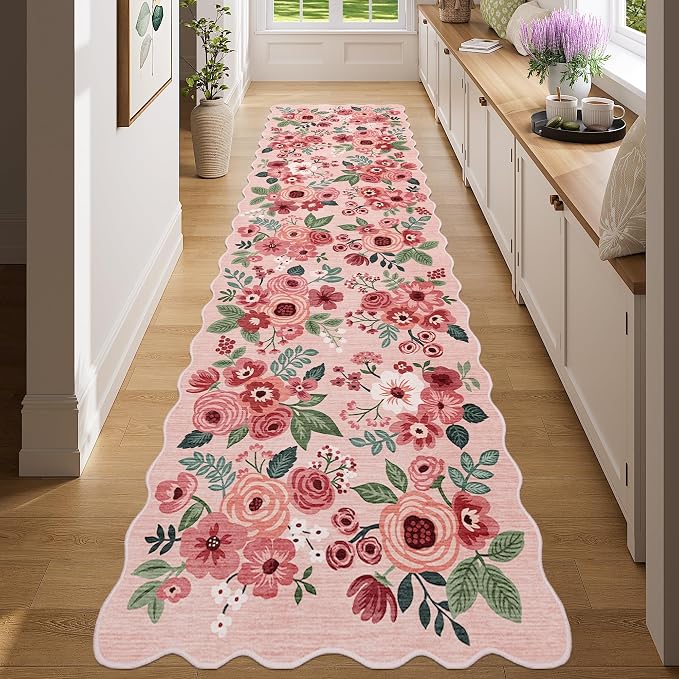 DUKINO 2x7 Runner Rug for Hallway, Floral Washable Rug for Kitchen, Pink | Low Pile, Stain Resistant, Soft Throw Carpet Runner for Entryway, Bedroom, Bathroom, Laundry, Pet Friendly, Modern Home Decor