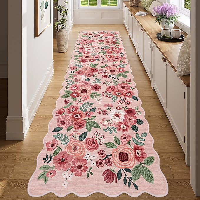 DUKINO 2x8 Washable Runner Rug, Floral Non Slip Kitchen Runner Rug, Pink | Low Pile, Soft Throw Rug Runner for Hallway, Entryway, Bedroom, Bathroom, Pet Friendly, Stain Resistant, Home Decor
