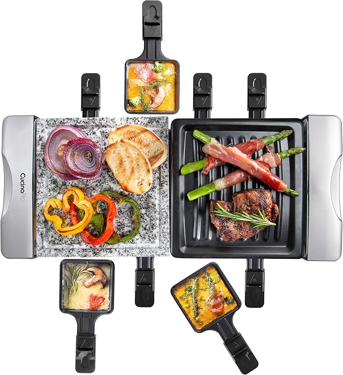 Electric Cheese Raclette Table Grill w Cooking Stone & Grilling Plate | Nonstick, Indoor Smokeless Korean BBQ 8 Person Tabletop Cooker Hotplate- Melt or Grill Meat, Veggies, Home Dinner Party, Apps