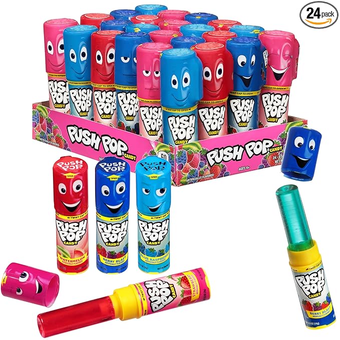 Push Pop Halloween Candy Variety Pack, 24Ct Bulk Individually Wrapped Lollipops for Party Favors in Assorted Flavors, Full Size, Fun Hard Candy For Birthday, Trick or Treat, Halloween Bowls, Gifts