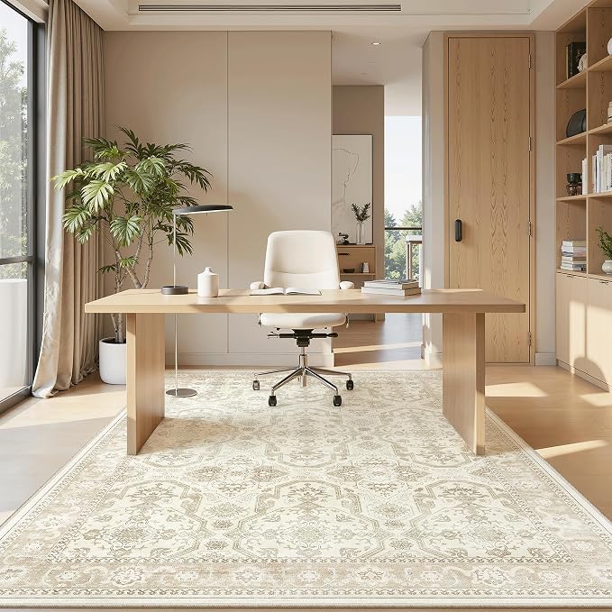 Soalmost 5x8 Area Rug Low Pile Washable Trendy Faded Style Rug, Beige/Brown | Vintage Non-Slip Indoor Accent for Bedroom Dining, Foldable Stain Resistant Floor Carpet Mat Under Table Home Office Decor