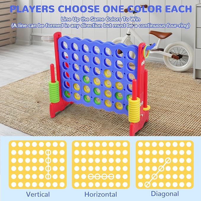 Elevon Giant 4-to-Score Game Set, 4-in-A-Row Jumbo w/Basketball Hoop, Ring Toss, 42 Jumbo Rings & Quick-Release Slide, 2.75FT Tall Indoor Outdoor Yard Family Connect Game for Kids & Adults
