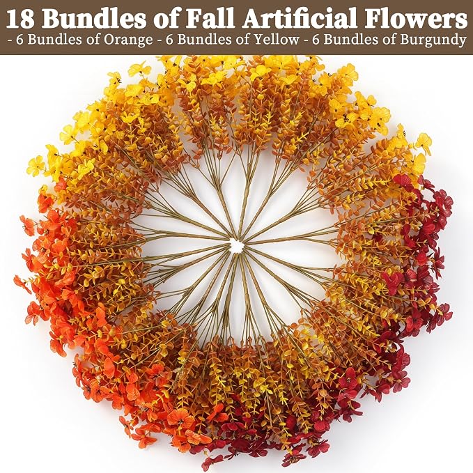 ColoPlay 18 PCS Artificial Mums for Outdoors Faux Mums of Eucalyptus Leaves | Artificial Mums for Outdoors/Indoors Faux Mums, Fall Flowers for Decoration Planters Boxwood Garden Porch Window Home