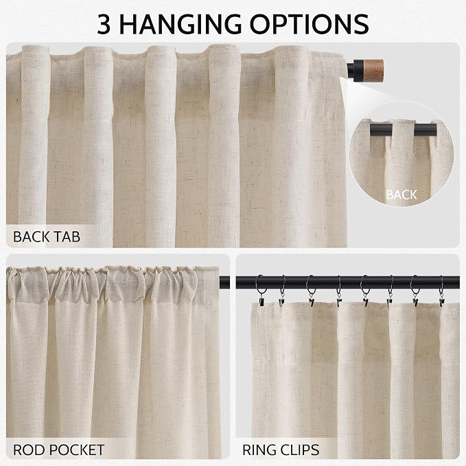 Extra Long Linen Curtains 122 Inch Length for Living Room High Ceiling Back Tab Semi Sheer Light Filtering Curtain Rod Pocket Boho Farmhouse Window Drapes for Bedroom 2 Panels Cream Beige,52x122