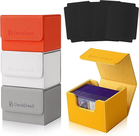 4 Pack MTG Commander Deck Box with 50 Card Sleeves - Holds 400+ Double Sleeved Cards (100+ Per Box), Leather Magic The Gathering Deck Box Set, 8 Dividers, Magnetic Closure, Orange/Yellow/Grey/White