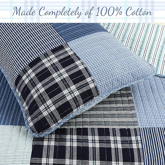 Cozy Line Home Fashions Plaid Patchwork Bedding Quilt Set, Navy Blue 100% Cotton Reversible Coverlet Bedspread for Kids Teen Boy (Craver, Twin - 2 Piece)