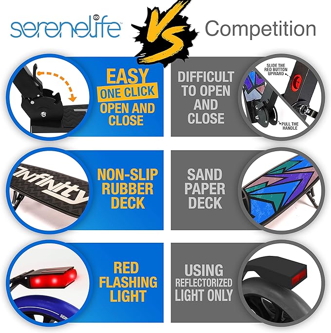 SereneLife Two Wheel Scooter for Teens, Smooth Gliding Kick Scooter for Adults w/Adjustable Height for Ages 8+, Portable All Terrain Scooter w/Carry Straps, Easy to Fold