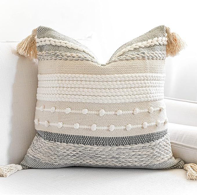 Gray Boho Throw Pillow Cover 22x22, Grey Decorative Accent Pillow for Couch, Square Woven Textured Pillowcase, Modern Farmhouse Pillow for Bed, Bohemian Pillow Cover (Pack of 1)