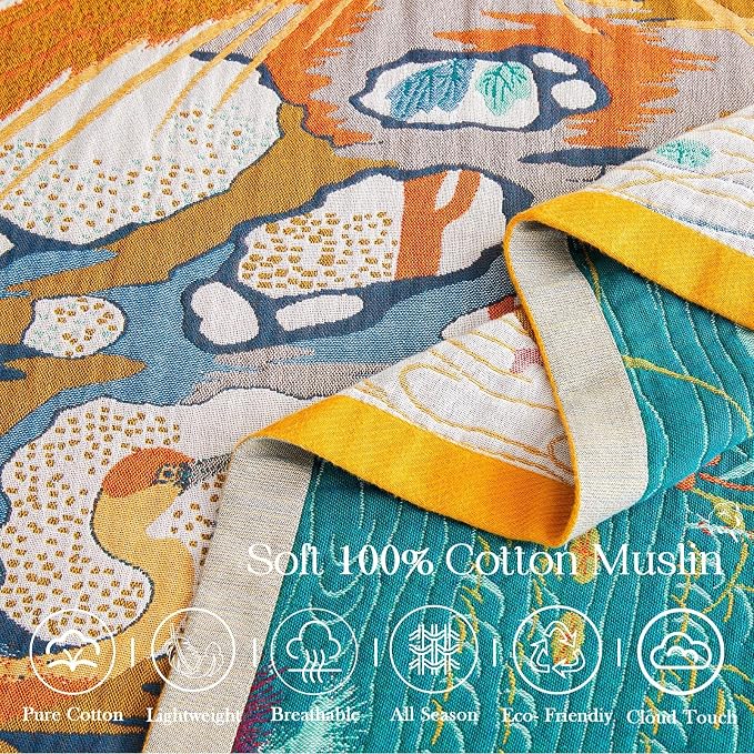 XIBLC Fall Throw Blanket for Couch, Yellow Boho Decorative Throw Blanket, 100% Cotton Muslin Breathable Woven Farmhouse Blankets Quilt, 80"x90" Reversible Lightweight Blankets Bohemian Throw Quilt