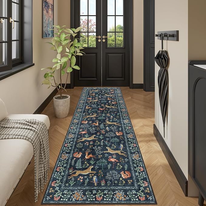 DUKINO 2x10 Kitchen Runner Rug, Soft Non Slip Animal Washable Rug Navy Blue | Low Pile, Non-Shedding Indoor Carpet Runner for Hallway, Entryway, Bedroom, Bathroom, Laundry, Pet Friendly, Stain Resistant
