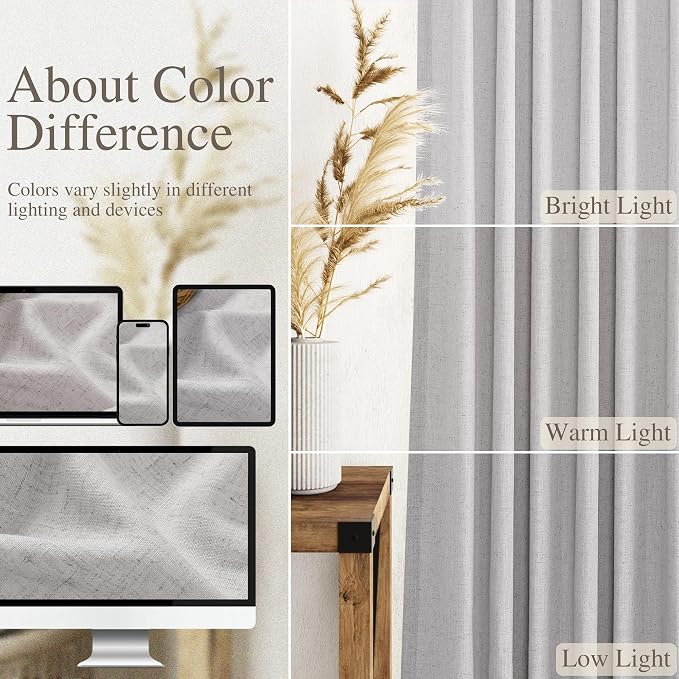 Nanspring Grey Linen Back Tab Curtains 84 Inch Length for Living Room 2 Panel Set Neutral Modern Farmhouse Window Privacy Semi Sheer Linen Drapes Rustic Pinch Pleated Look Curtain 52x84