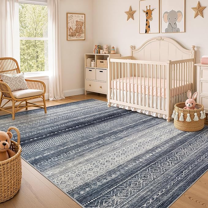 6x8 Area Rugs Living Room: Washable Boho Large Neutral Soft Rug Modern Stain Resistant Moroccan Indoor Non Slip Floor Carpet for Bedroom Nursery Kids Playroom Office Dining Room Dorm- Blue