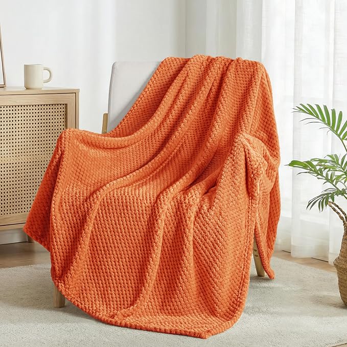 Exclusivo Mezcla Soft Waffle Fleece Bed Blanket Twin Size, Burnt Orange | Lightweight Plush Blanket for Bed, Couch, Sofa, Cozy Fluffy Design for Bedroom, Guest Room, All Season, 60x80 Inches