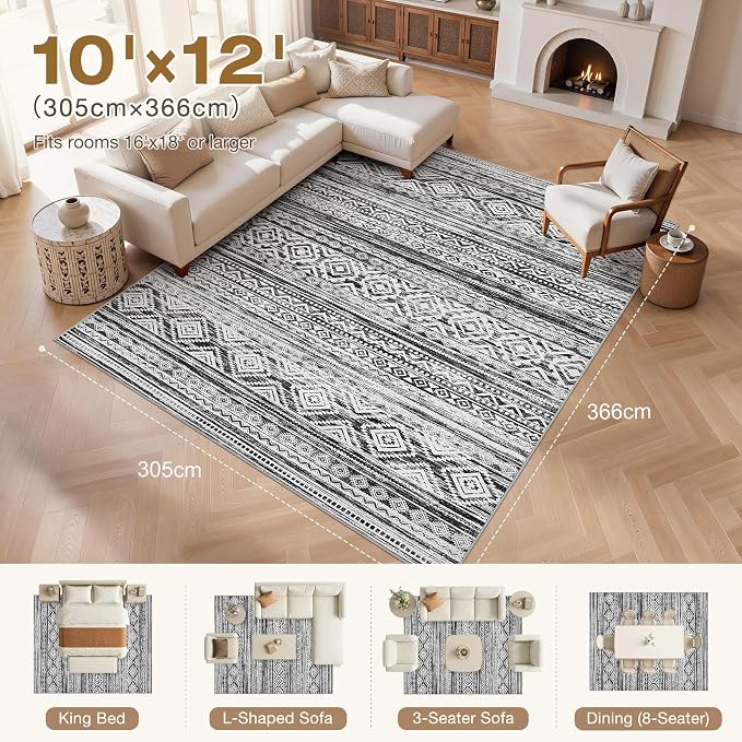 cotiled 10x12 Area Rugs Living Room Rug: Washable Boho Rugs with Non Slip Backing Large Soft Indoor Stain Resistant Carpet for Bedroom Farmhouse Dining Room Lightweight Home Decor White/Black