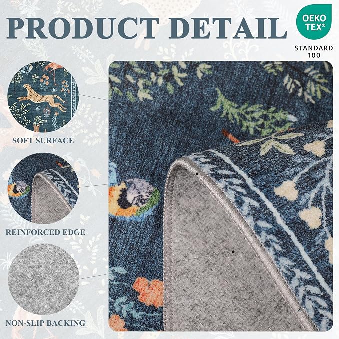 DUKINO 2x6 Runner Rug, Washable Animal Kitchen Rugs Non Slip, Blue | Soft, Low Pile, Stain Resistant Indoor Carpet for Hallway, Entryway, Bedroom, Bathroom, Laundry,Pet Friendly, Lightweight